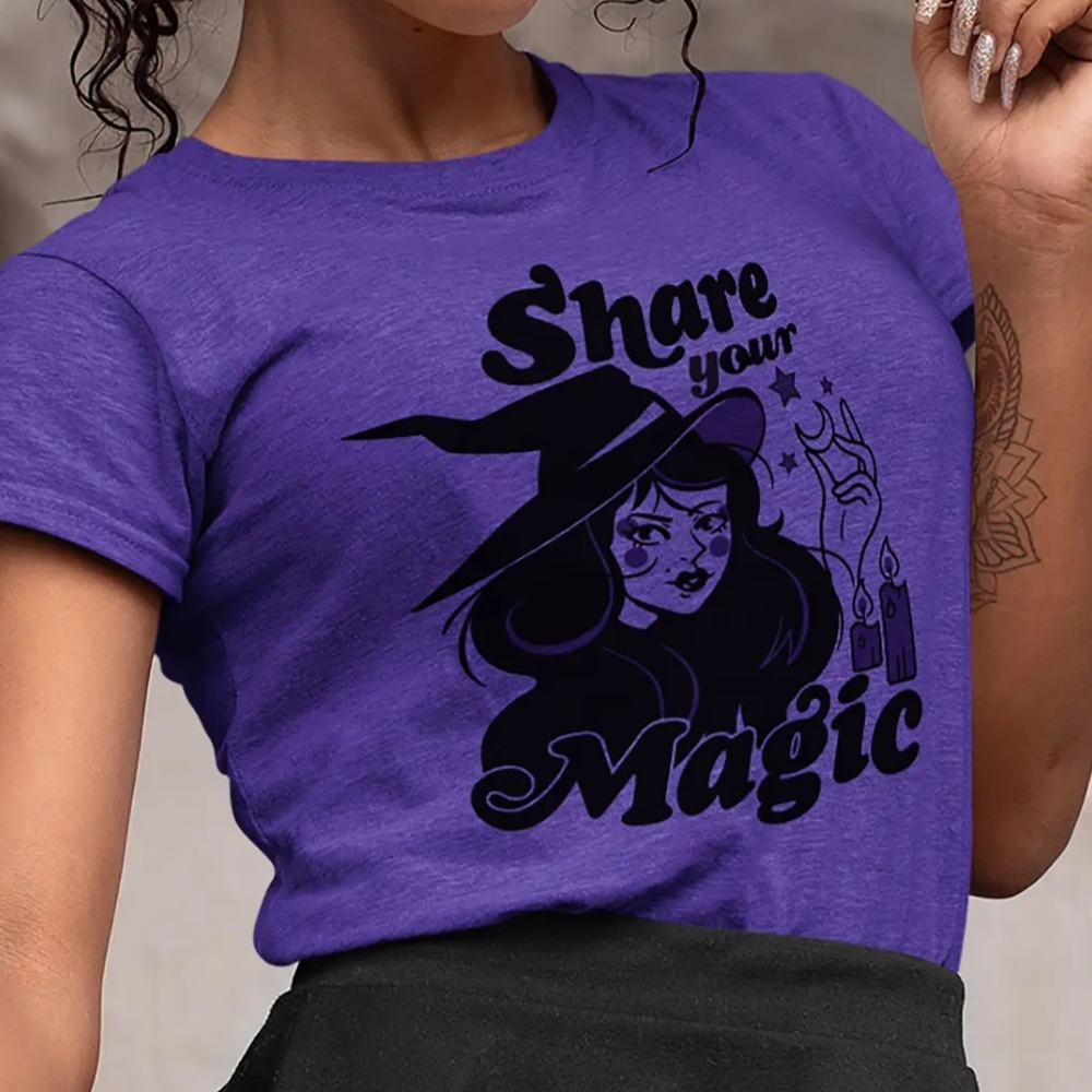 Purple Graphic Tee with Witch Design